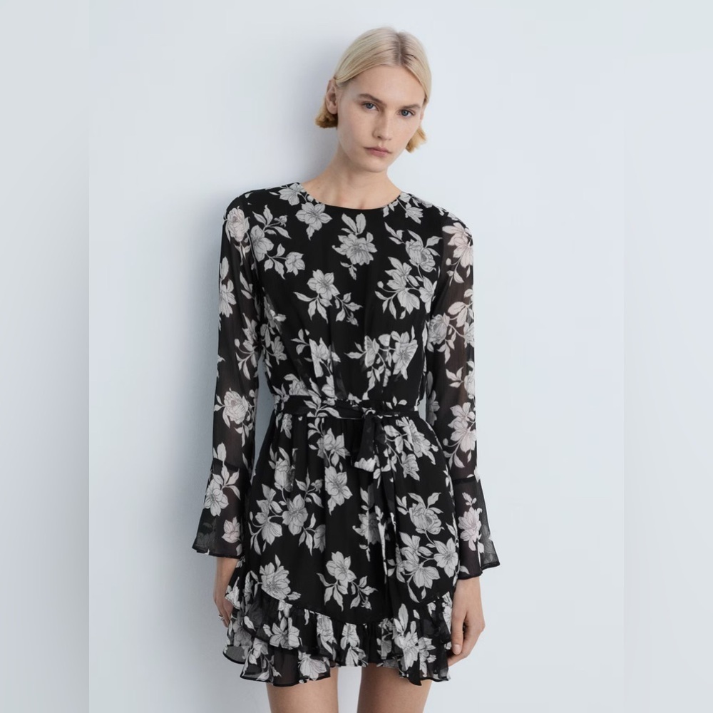 Mango Women’s Black And White Floral Mini Dress Ruffle Bell Sleeve Tie Belt S 4